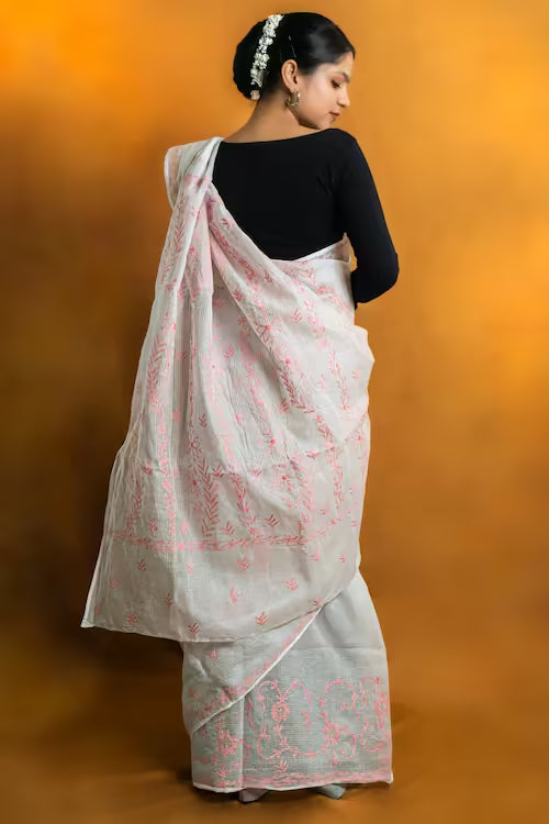 Shwet Women Grey Pink Hand Embroidered Chikankari Kota Cotton Silk Saree