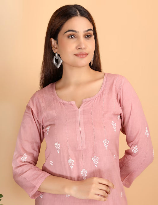 Shwet Women Peach Chikankari Kurta Pants - Shwet Artistry
