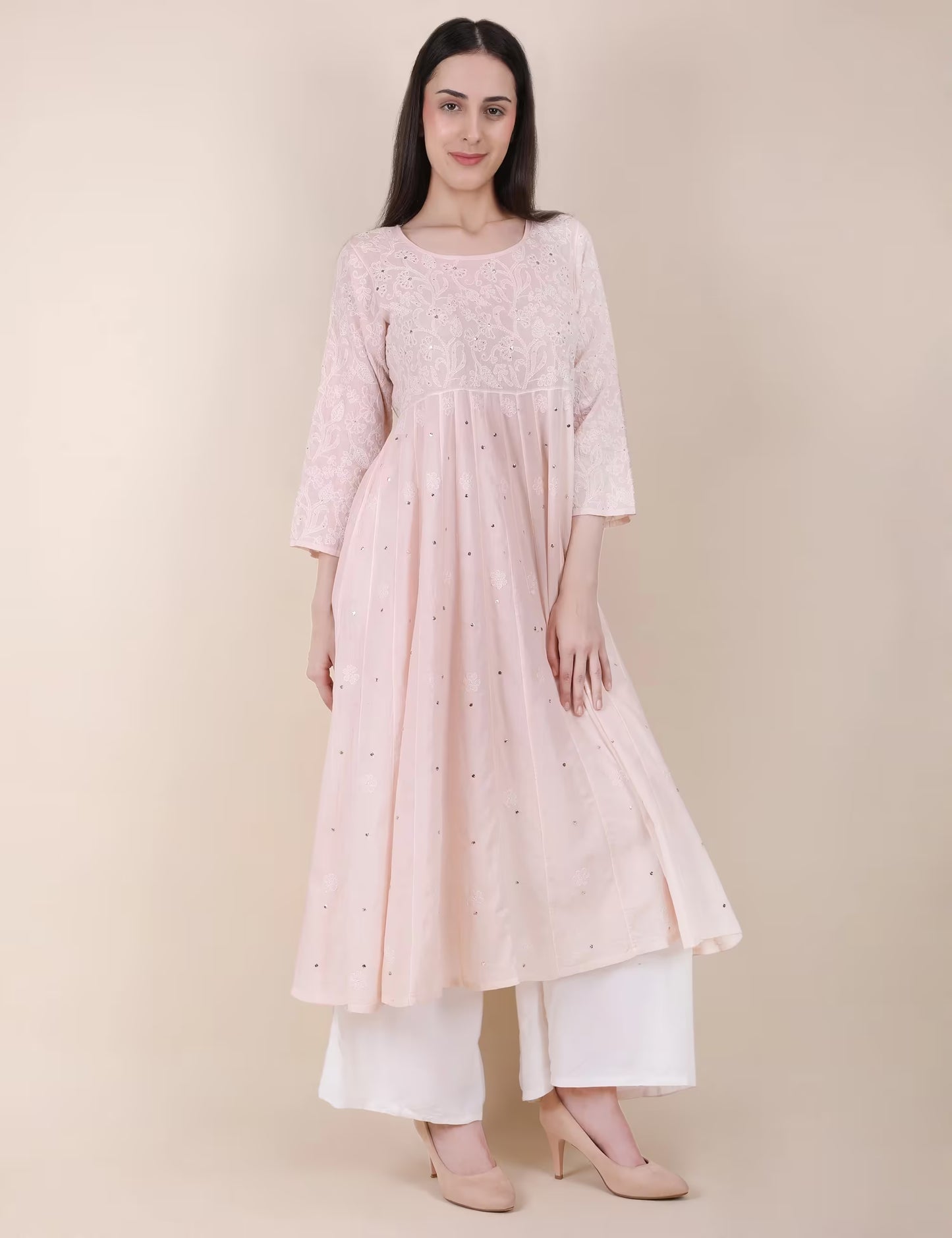 Shwet Women Powder Pink Hand Embroidered Chikankari Kali kurti - Shwet Artistry