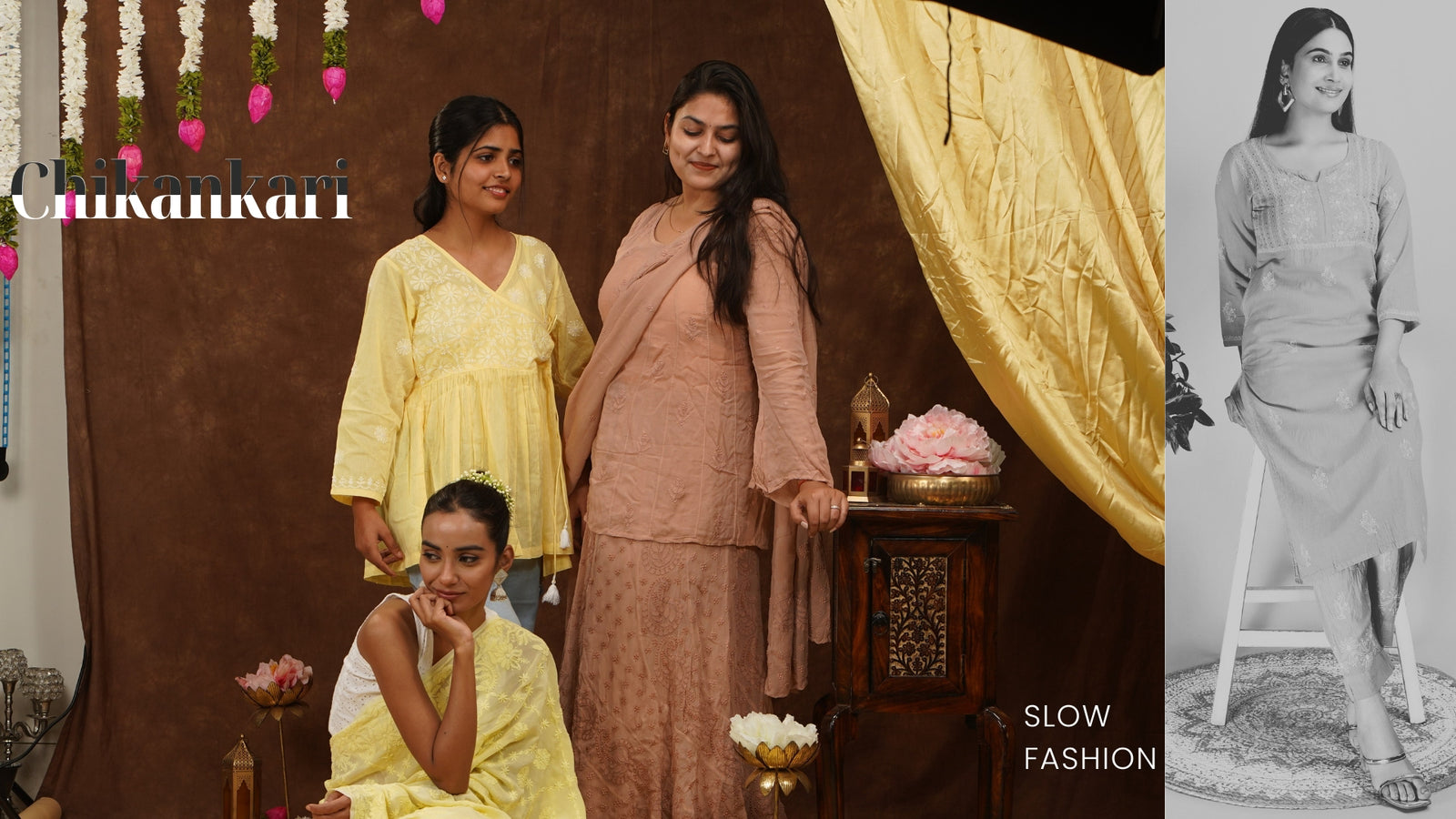 Three women in traditional attire with decorative elements and text on a brown background.