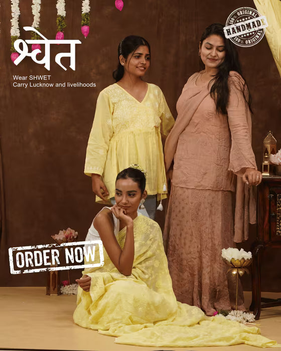 Woman working with fabric, SHWET logo and text on a gray background