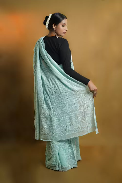 Woman wearing a light green saree with a black blouse against a warm brown background