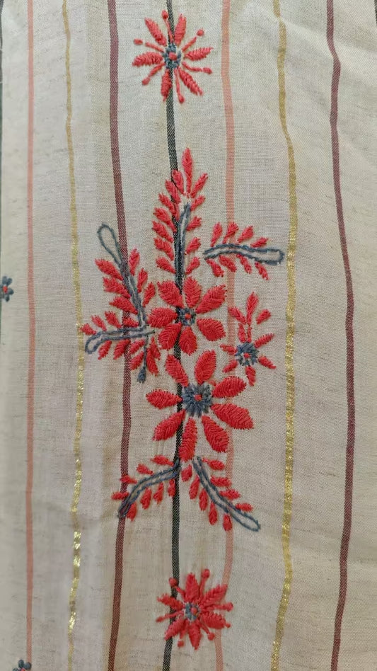 Hand Embroidered Chikankari red flowers on a striped fabric background