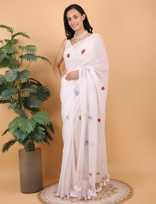 Shwet Women White Hand Embroidered Chikankari Mulmul Saree - Shwet Artistry