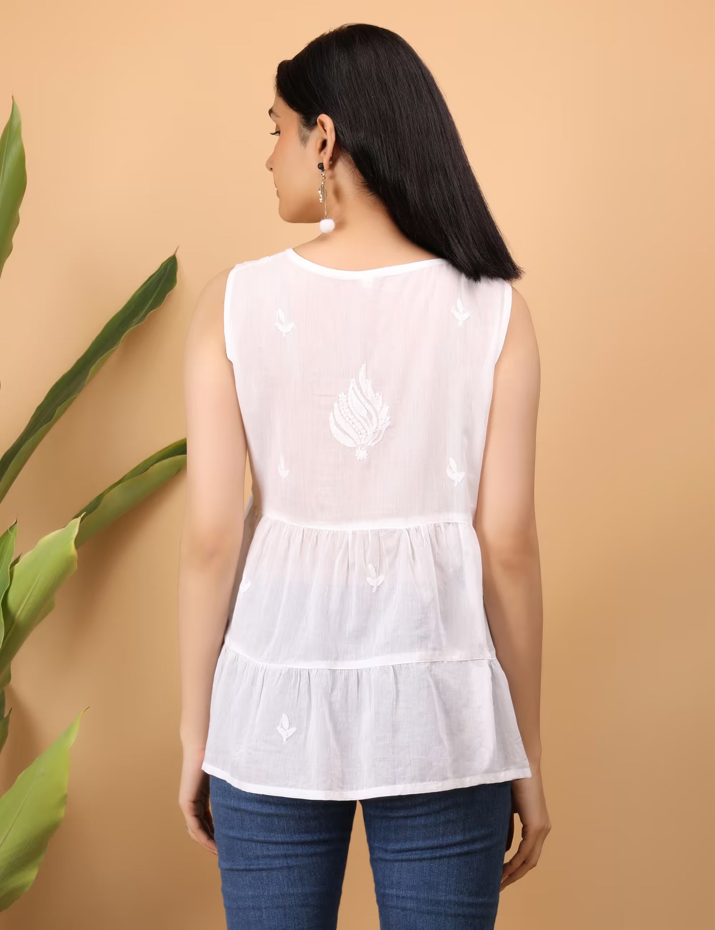 Shwet Women White Chikankari Sleevless Tier Top - Shwet Artistry