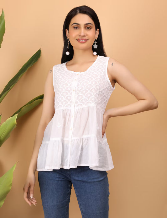 Shwet Women White Chikankari Sleevless Tier Top - Shwet Artistry