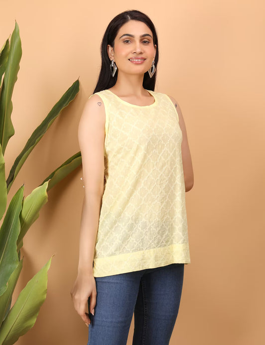 Shwet Women Yellow Chikankari Sleevless Erika Top - Shwet Artistry