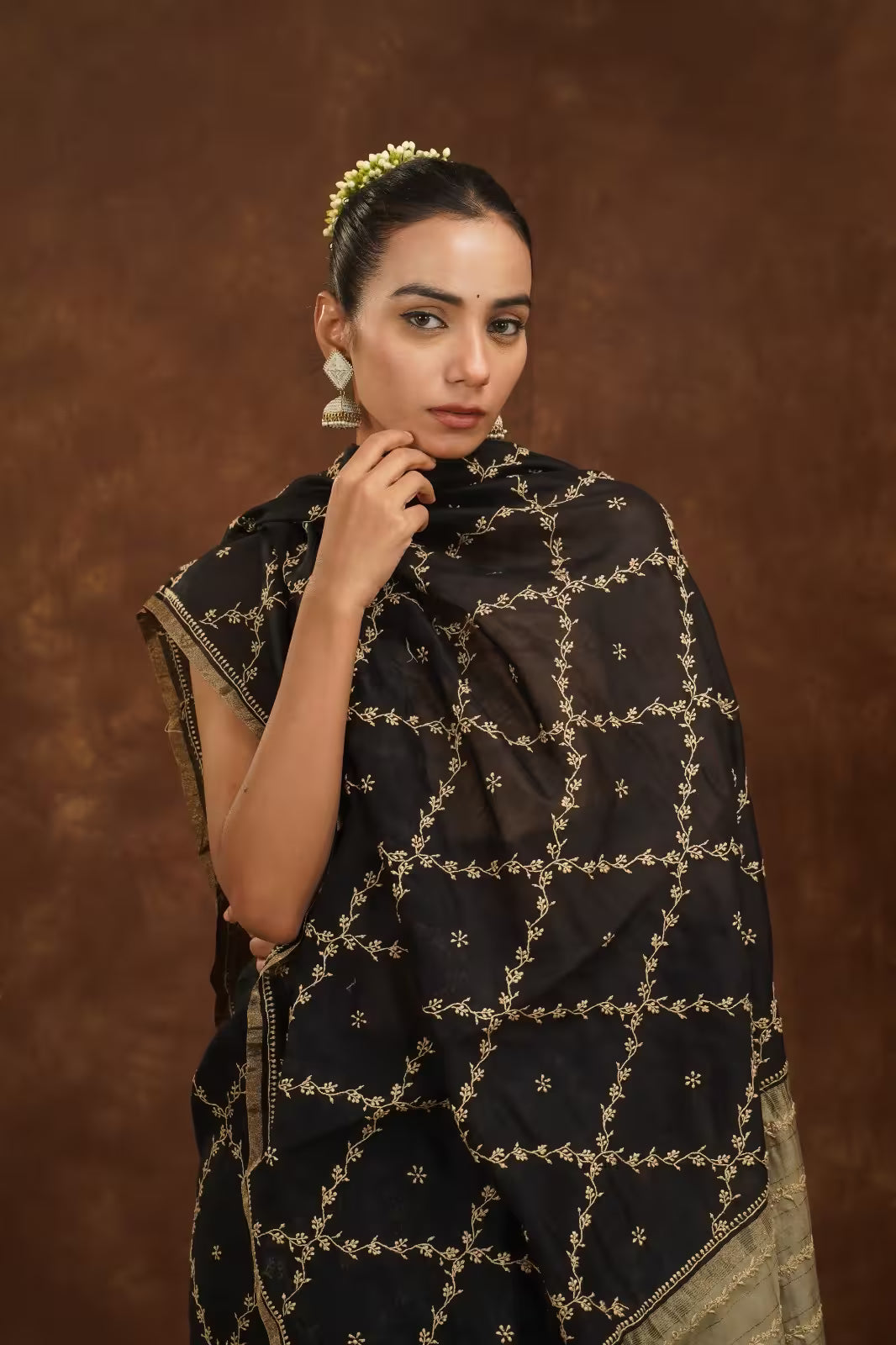 Shwet Women Hand Embroidered Black Chanderi Saree