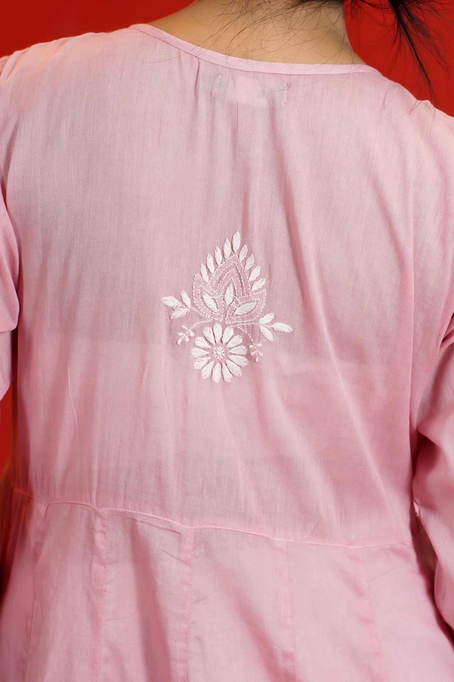 Women Hand Embroidered Chikankari Baby Pink Pintex Kali Dress