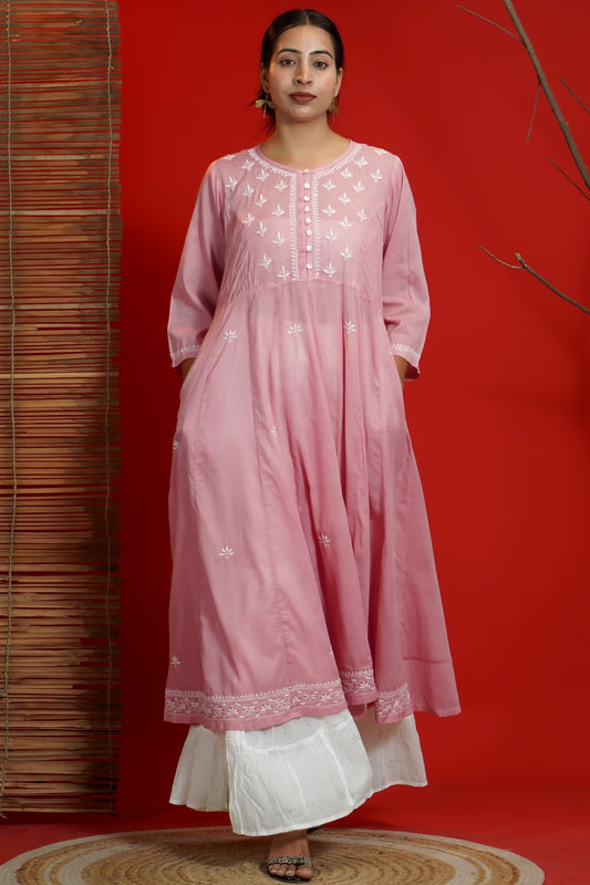 Women Hand Embroidered Chikankari Baby Pink Pintex Kali Dress