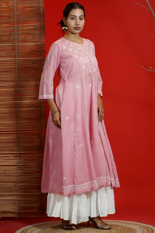 Women Hand Embroidered Chikankari Baby Pink Pintex Kali Dress