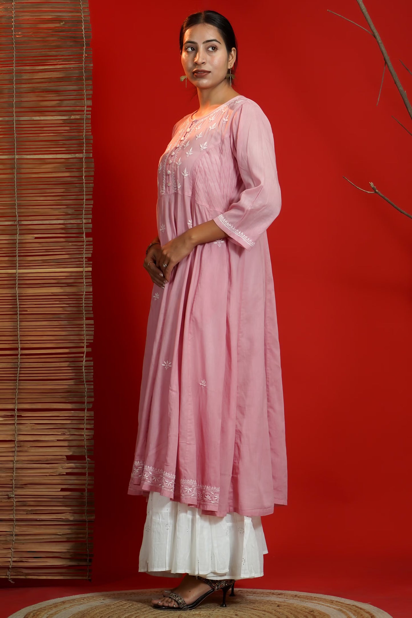 Women Hand Embroidered Chikankari Baby Pink Pintex Kali Dress
