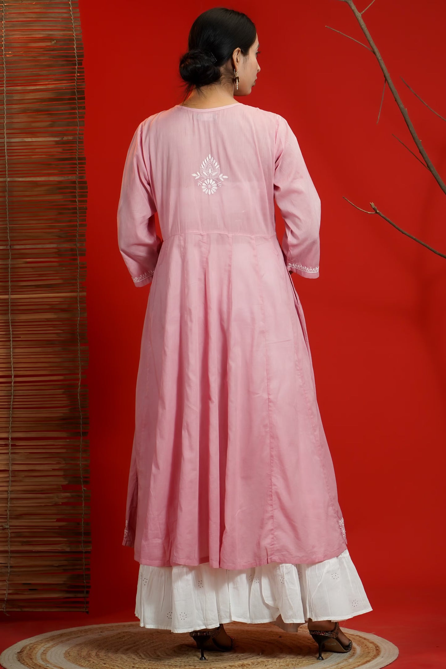 Women Hand Embroidered Chikankari Baby Pink Pintex Kali Dress