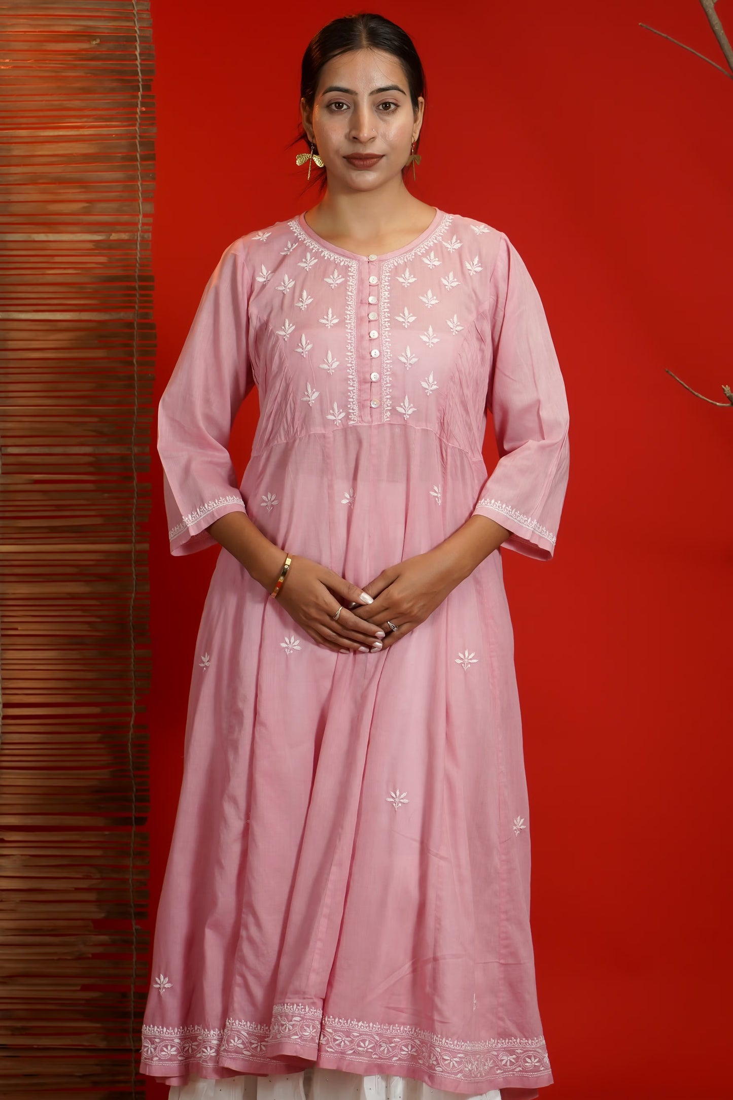 Women Hand Embroidered Chikankari Baby Pink Pintex Kali Dress