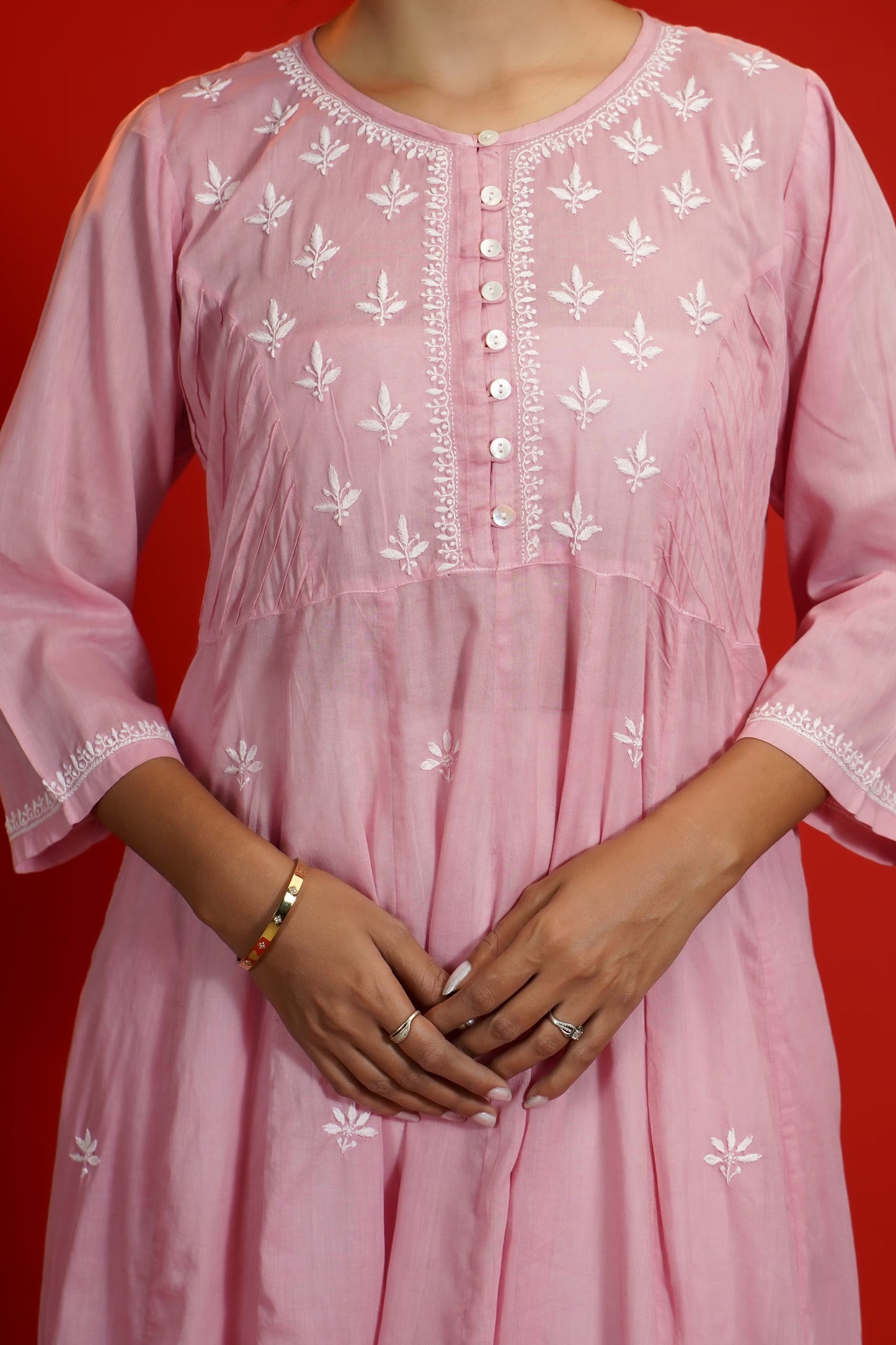 Women Hand Embroidered Chikankari Baby Pink Pintex Kali Dress