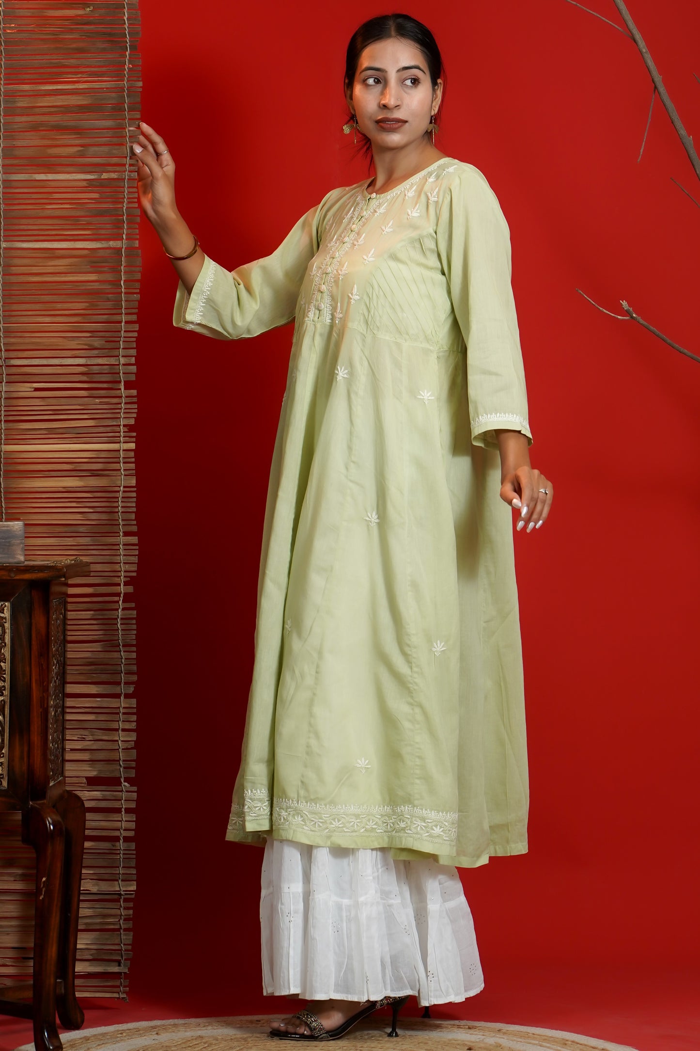 Women Hand Embroidered  Chikankari Green Pintex Kali Dress