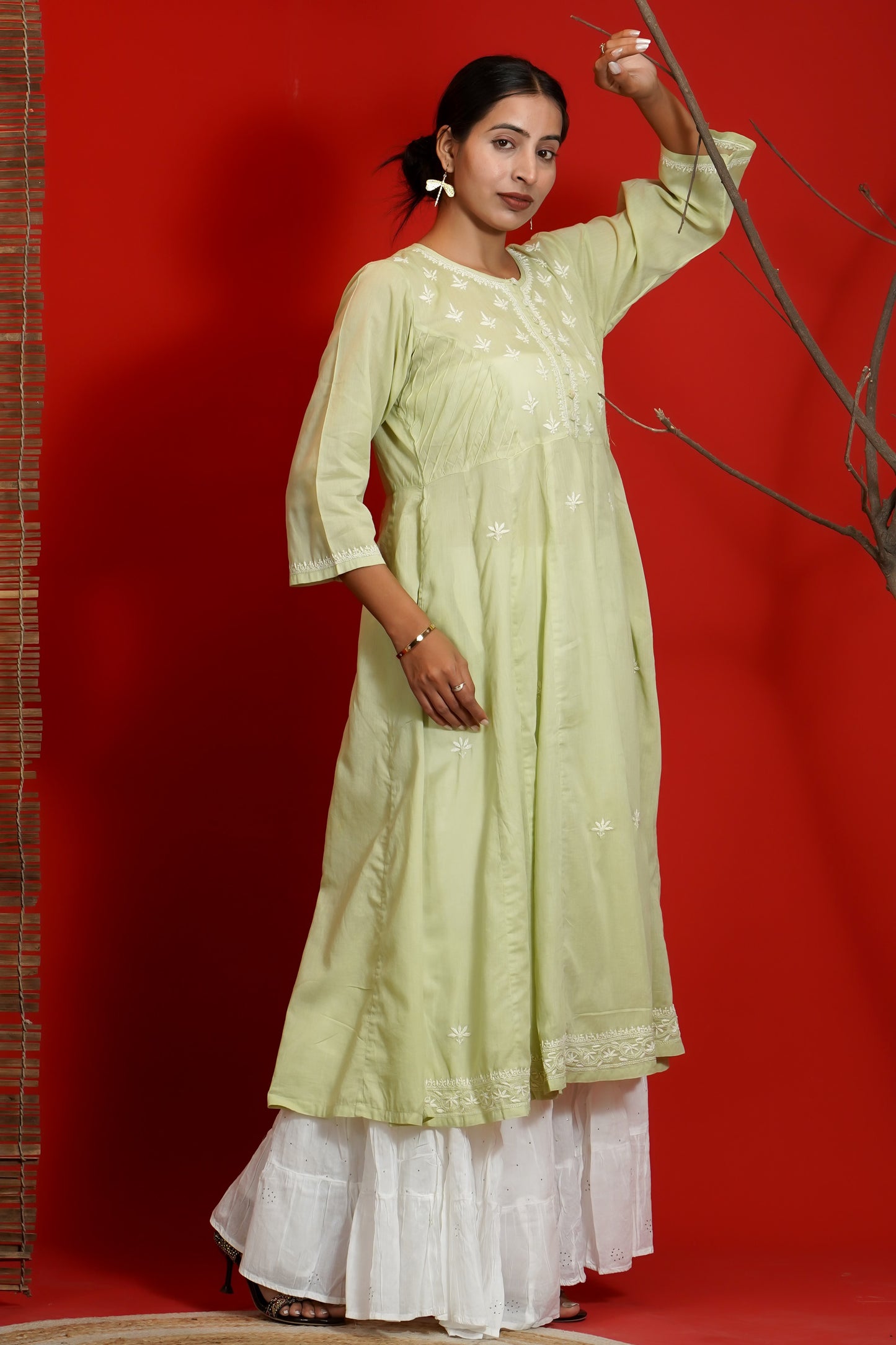 Women Hand Embroidered  Chikankari Green Pintex Kali Dress