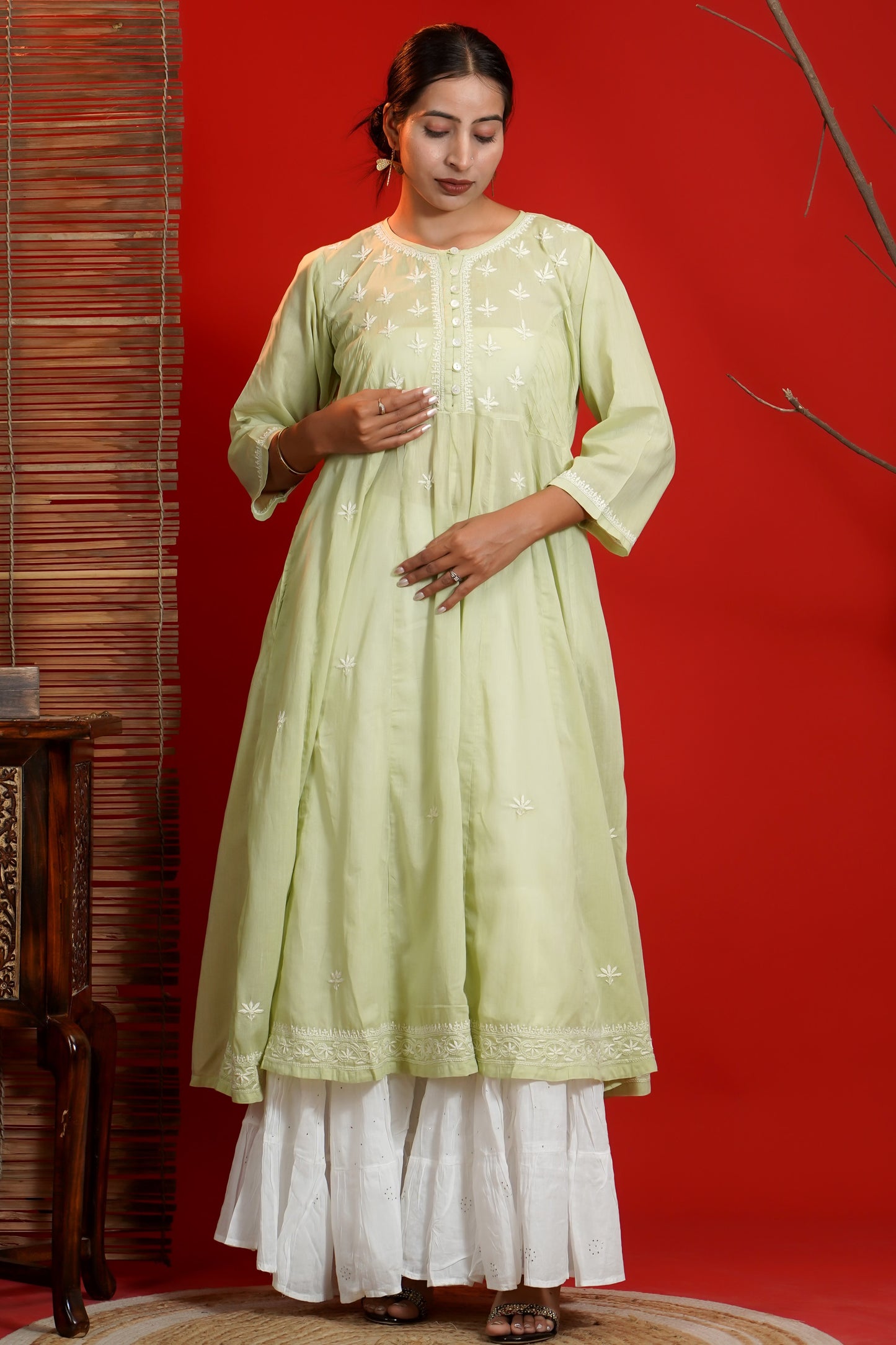 Women Hand Embroidered  Chikankari Green Pintex Kali Dress