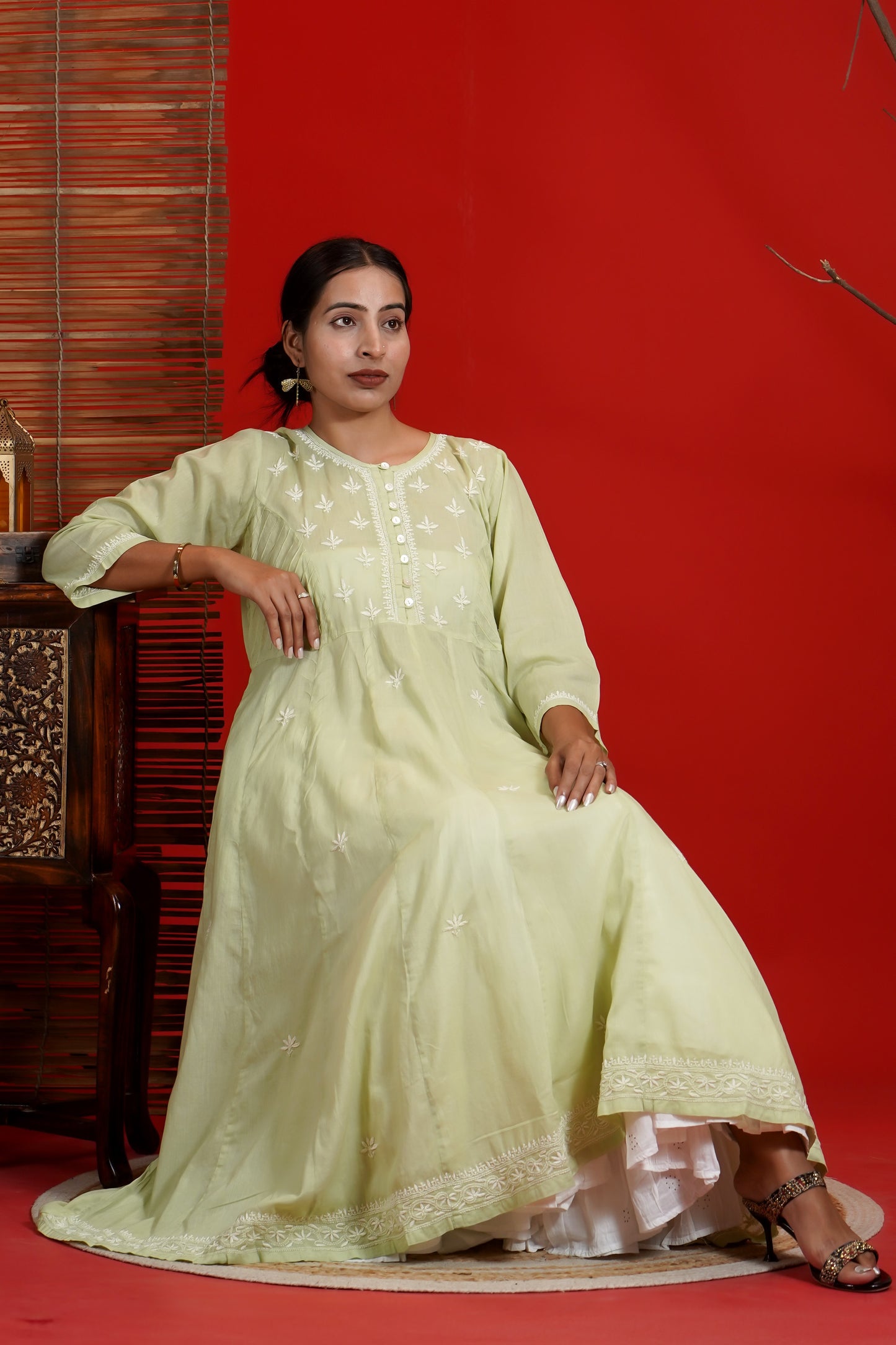 Women Hand Embroidered  Chikankari Green Pintex Kali Dress