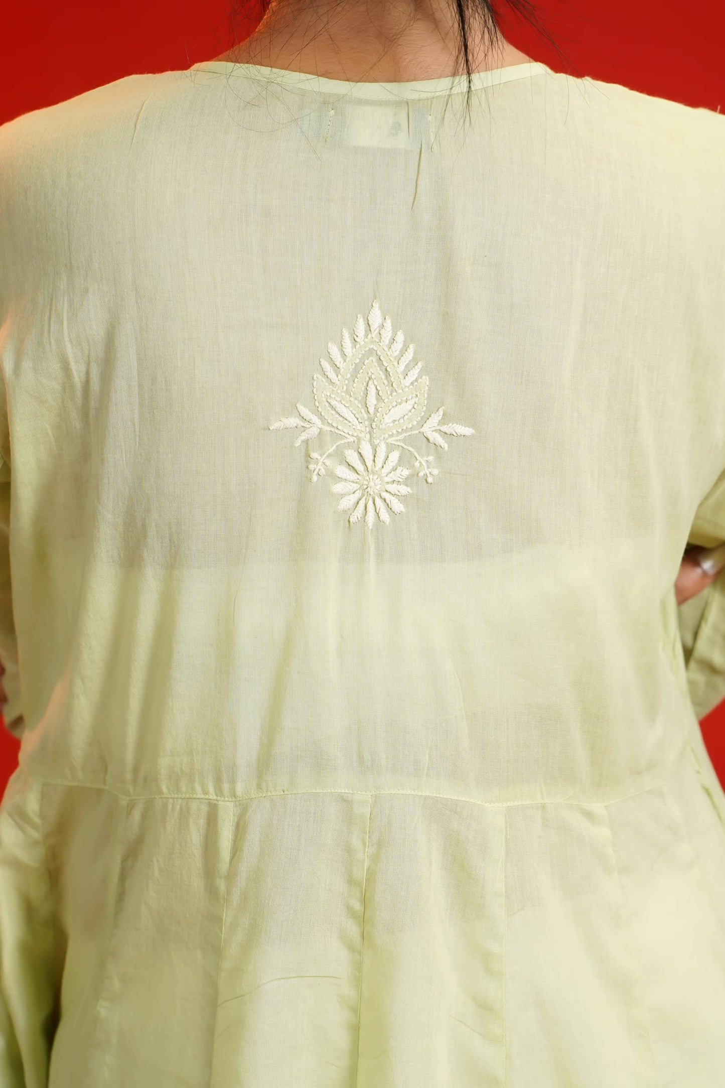 Women Hand Embroidered  Chikankari Green Pintex Kali Dress