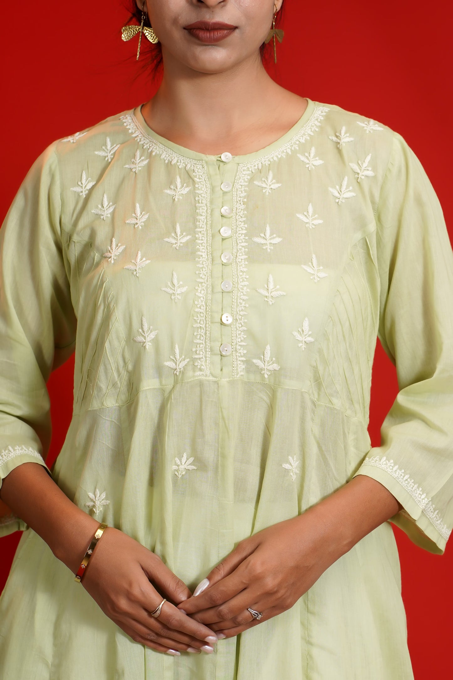 Women Hand Embroidered  Chikankari Green Pintex Kali Dress