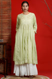 Women Hand Embroidered  Chikankari Green Pintex Kali Dress