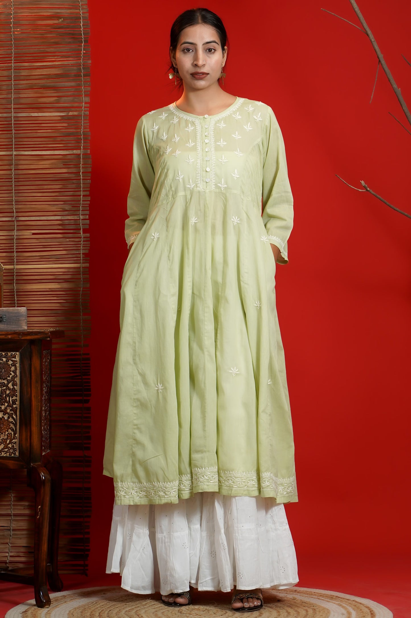 Women Hand Embroidered  Chikankari Green Pintex Kali Dress