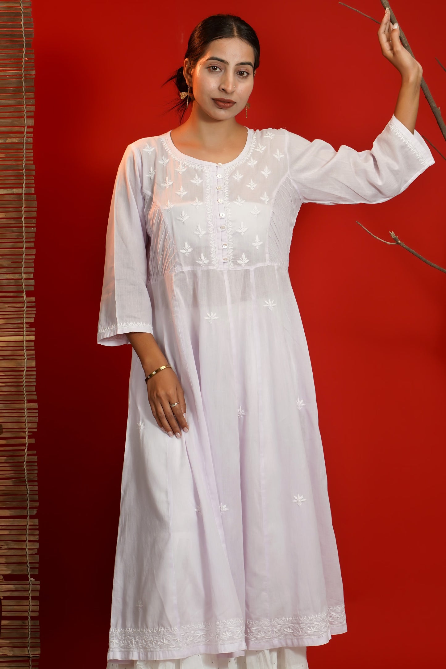 Women Hand Embroidered Chikankari Lavendar Pintex Kali Dress