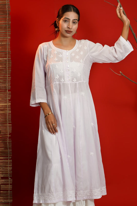 Women Hand Embroidered Chikankari Lavendar Pintex Kali Dress