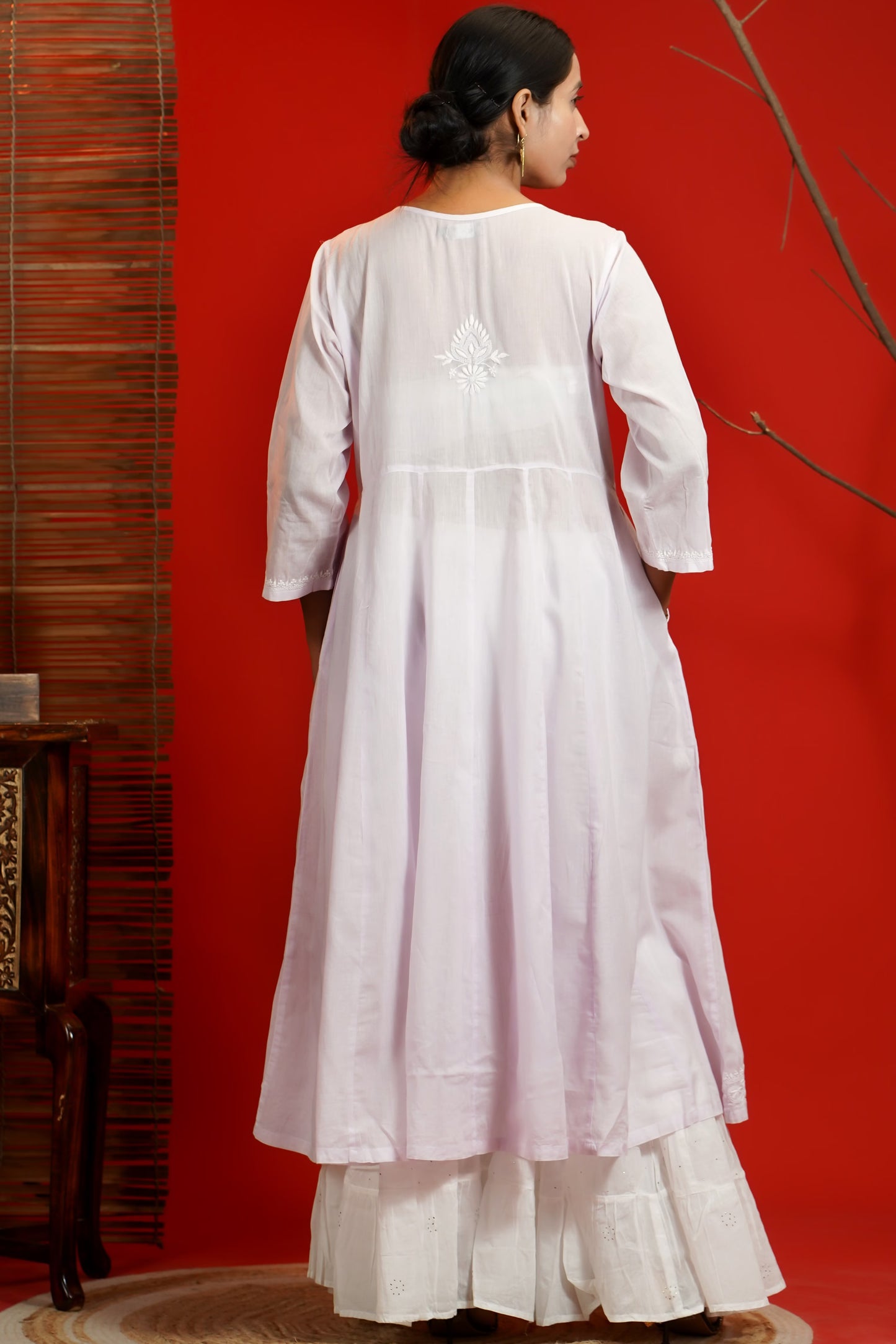 Women Hand Embroidered Chikankari Lavendar Pintex Kali Dress