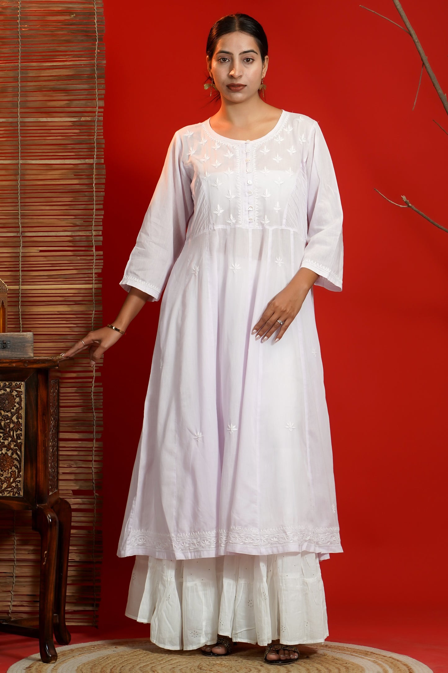 Women Hand Embroidered Chikankari Lavendar Pintex Kali Dress
