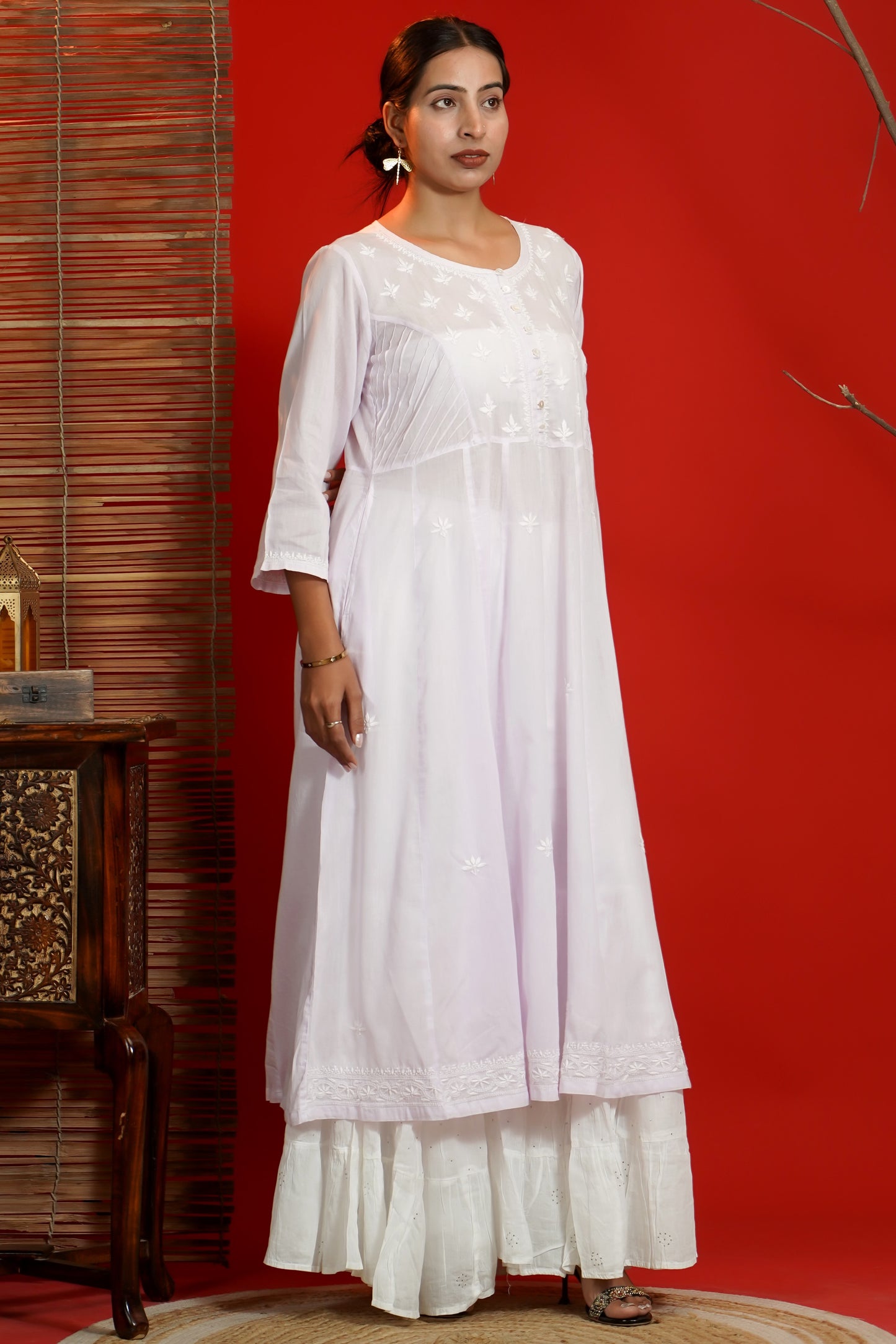 Women Hand Embroidered Chikankari Lavendar Pintex Kali Dress