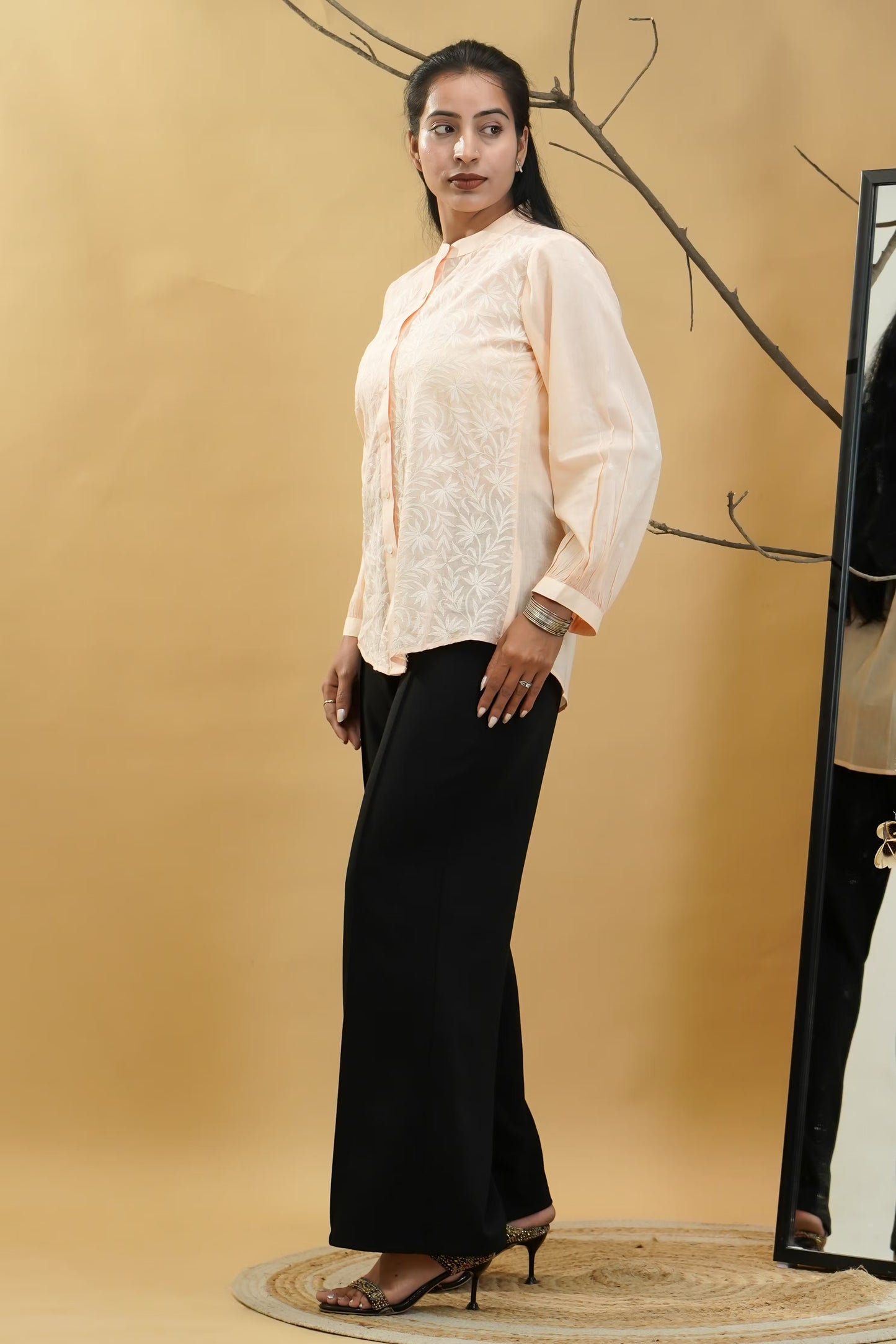Women Hand Embroidered Chikankari Peach Shirt