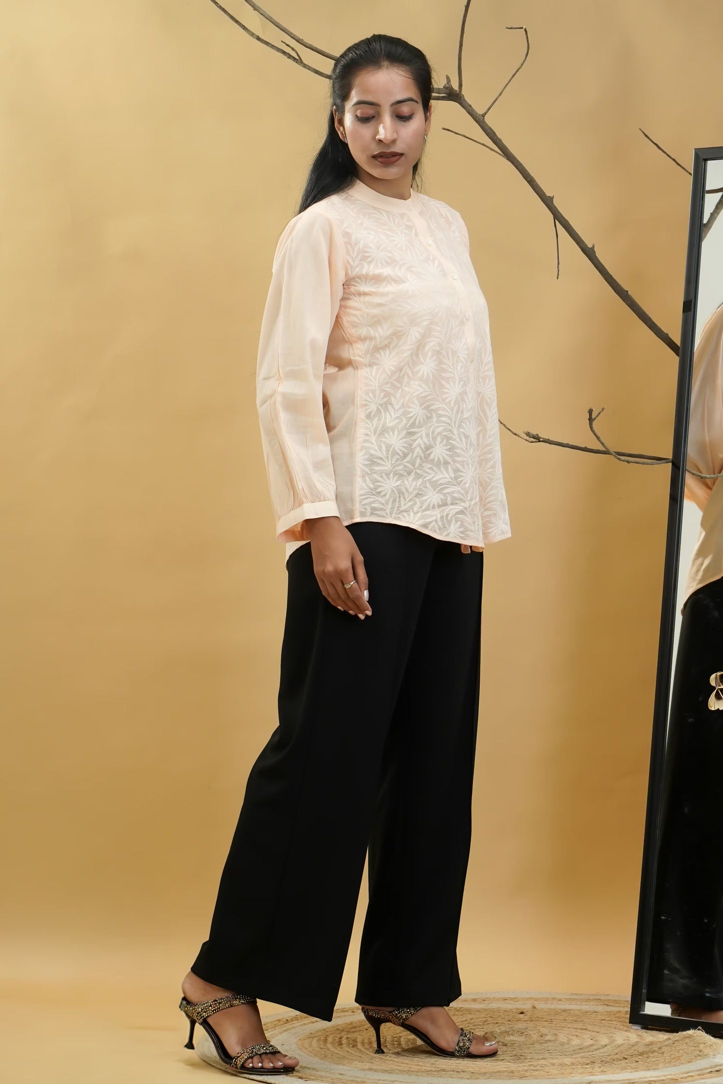 Women Hand Embroidered Chikankari Peach Shirt