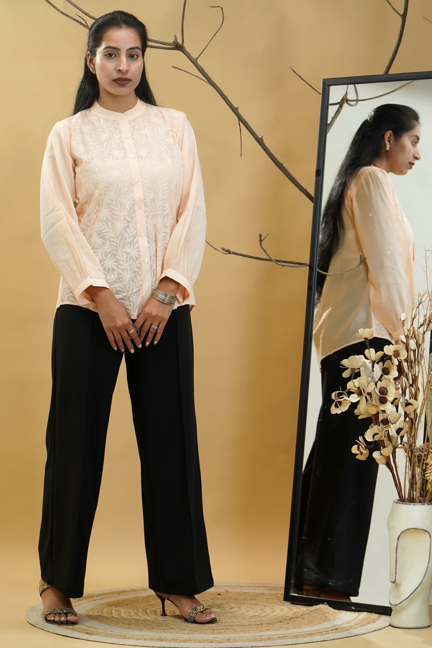 Women Hand Embroidered Chikankari Peach Shirt