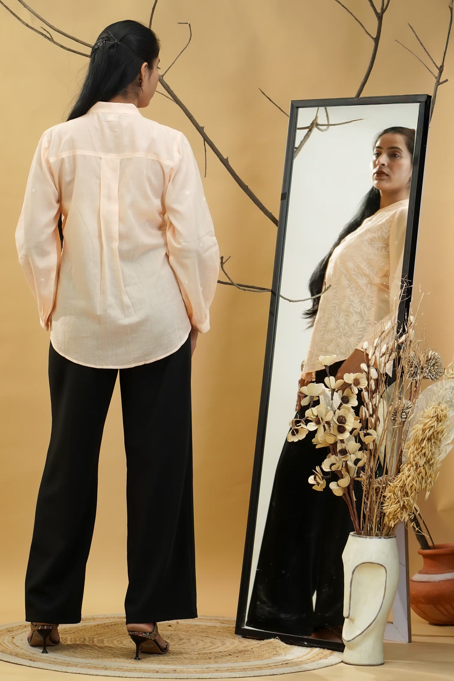 Women Hand Embroidered Chikankari Peach Shirt