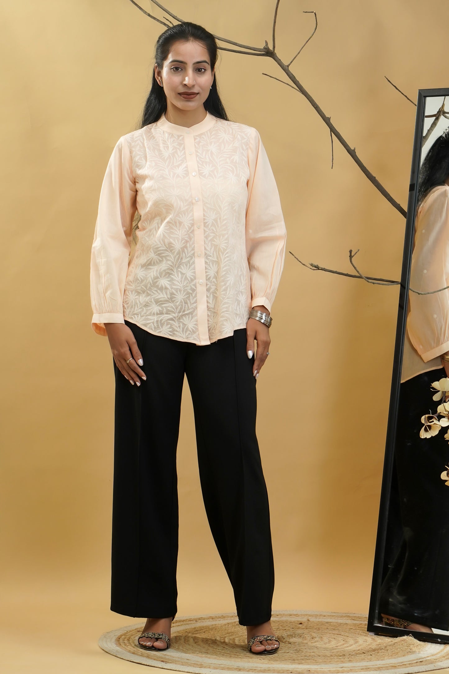 Women Hand Embroidered Chikankari Peach Shirt