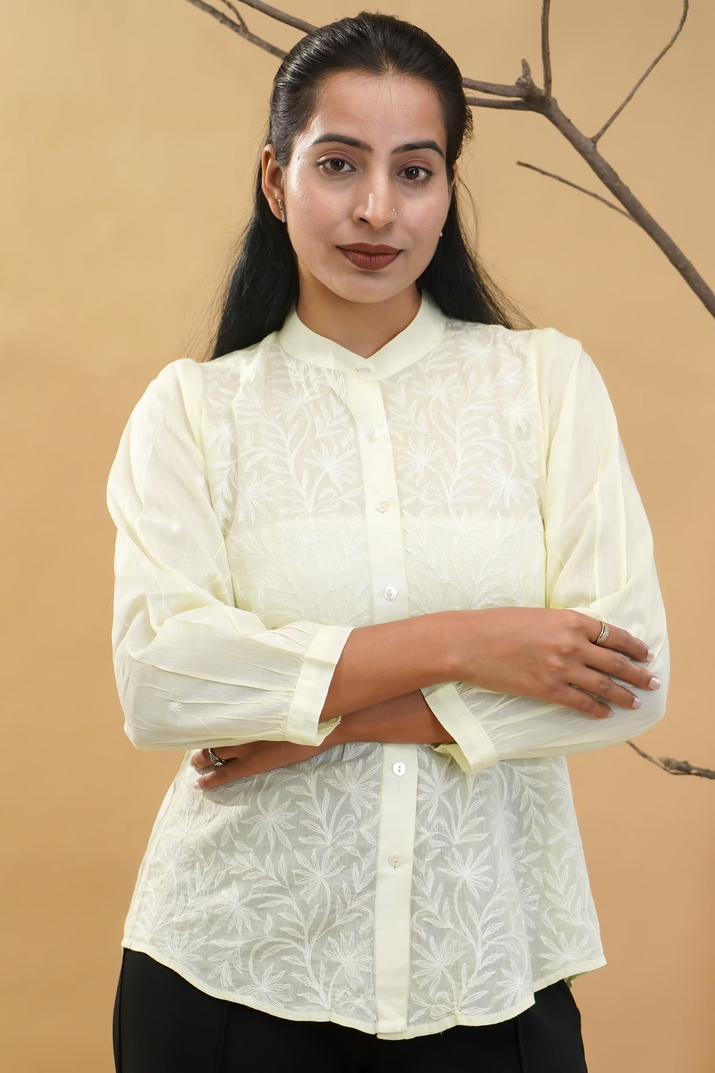 Women Hand Embroidered Chikankari Lemon Yellow Shirt