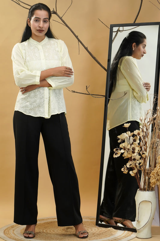 Women Hand Embroidered Chikankari Lemon Yellow Shirt