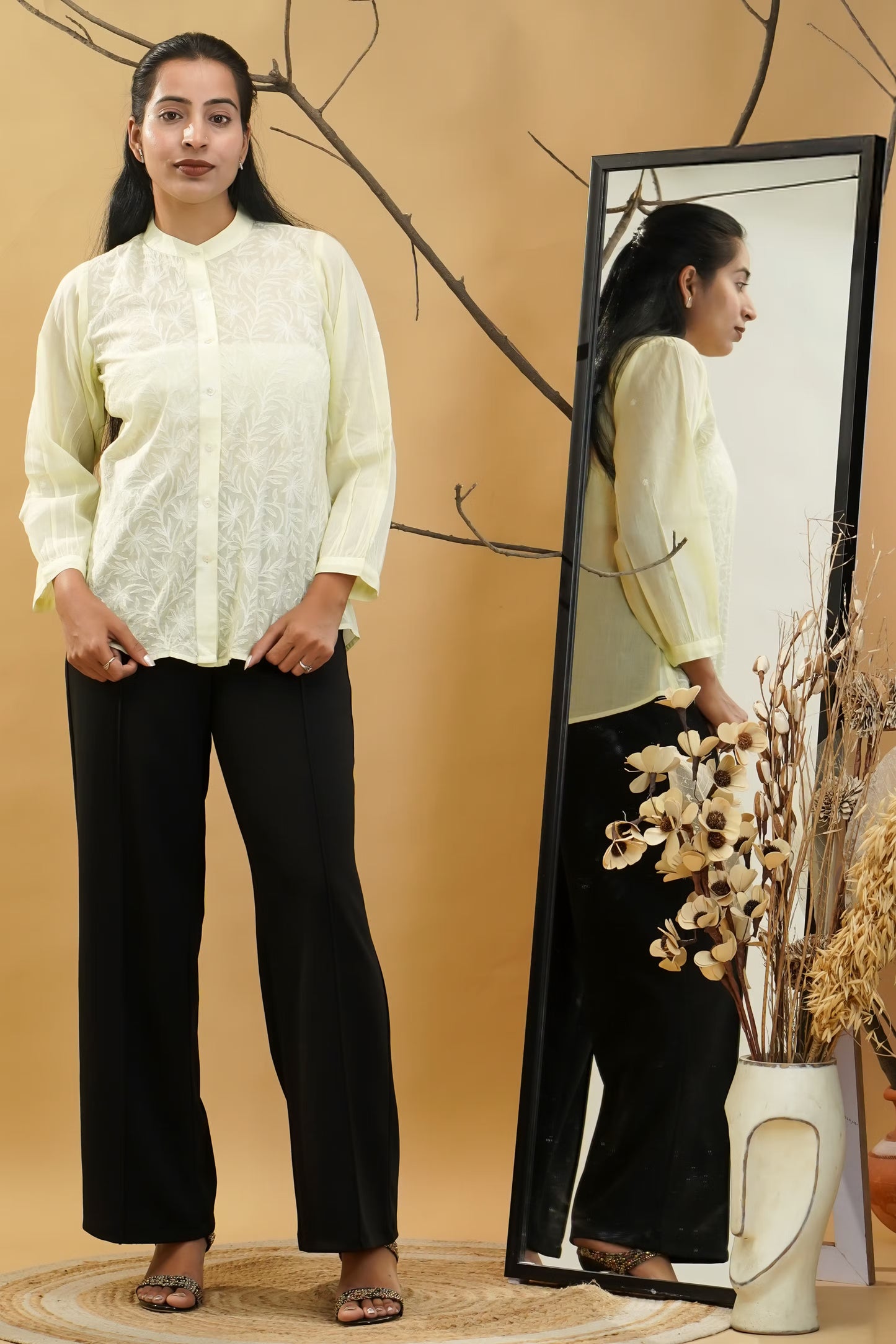 Women Hand Embroidered Chikankari Lemon Yellow Shirt