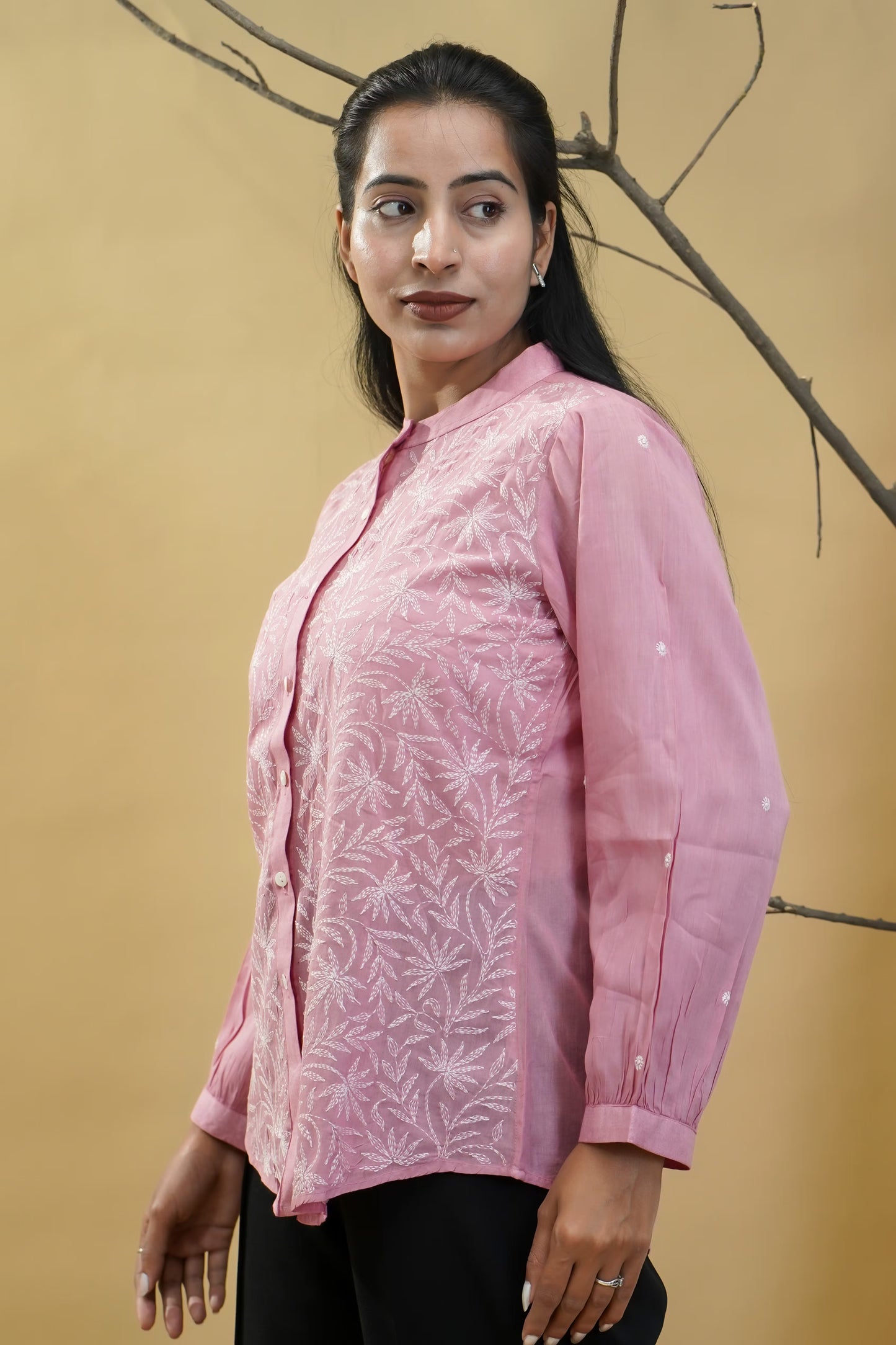 Women Hand Embroidered Chikankari Pink Shirt