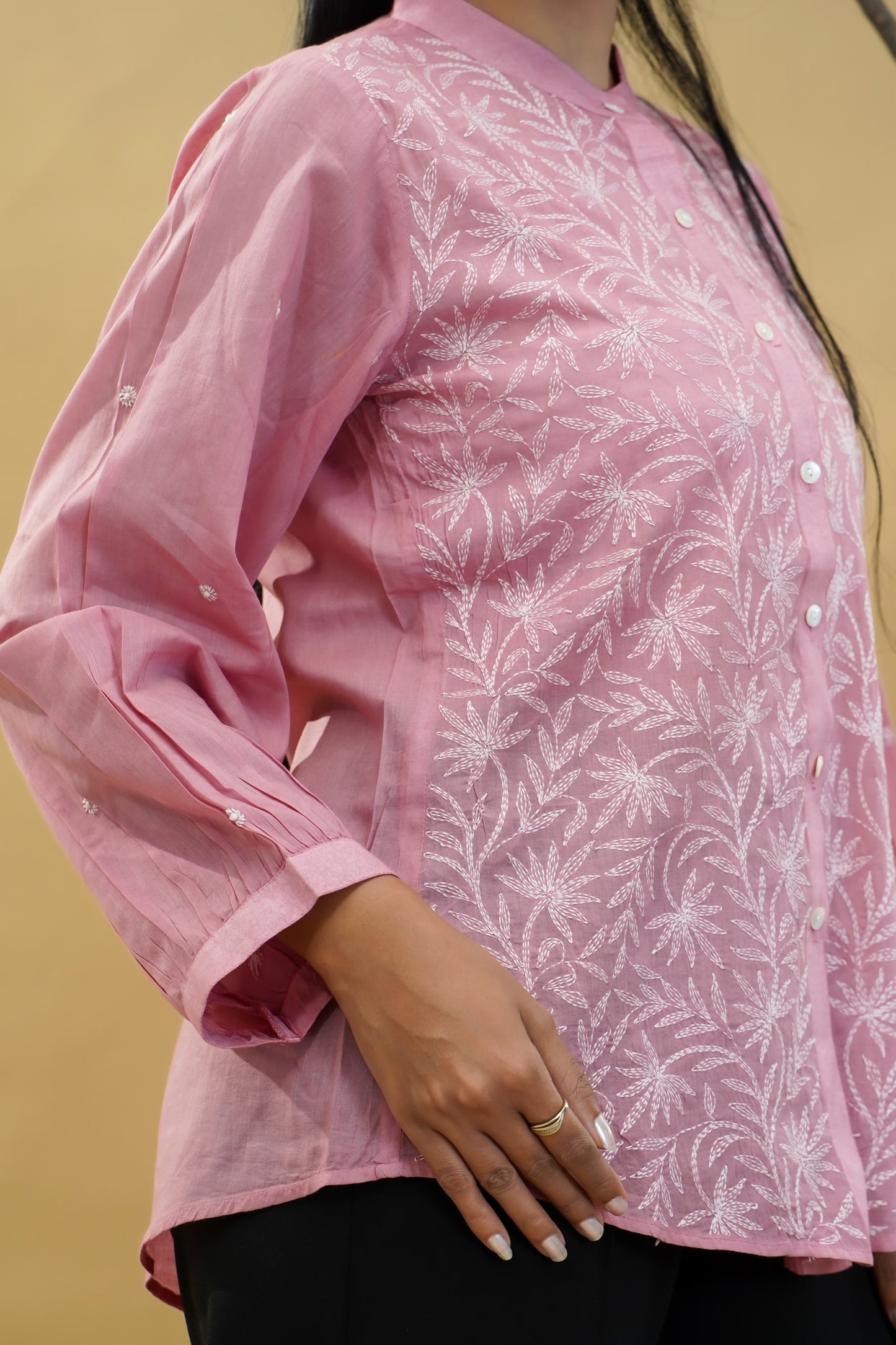 Women Hand Embroidered Chikankari Pink Shirt