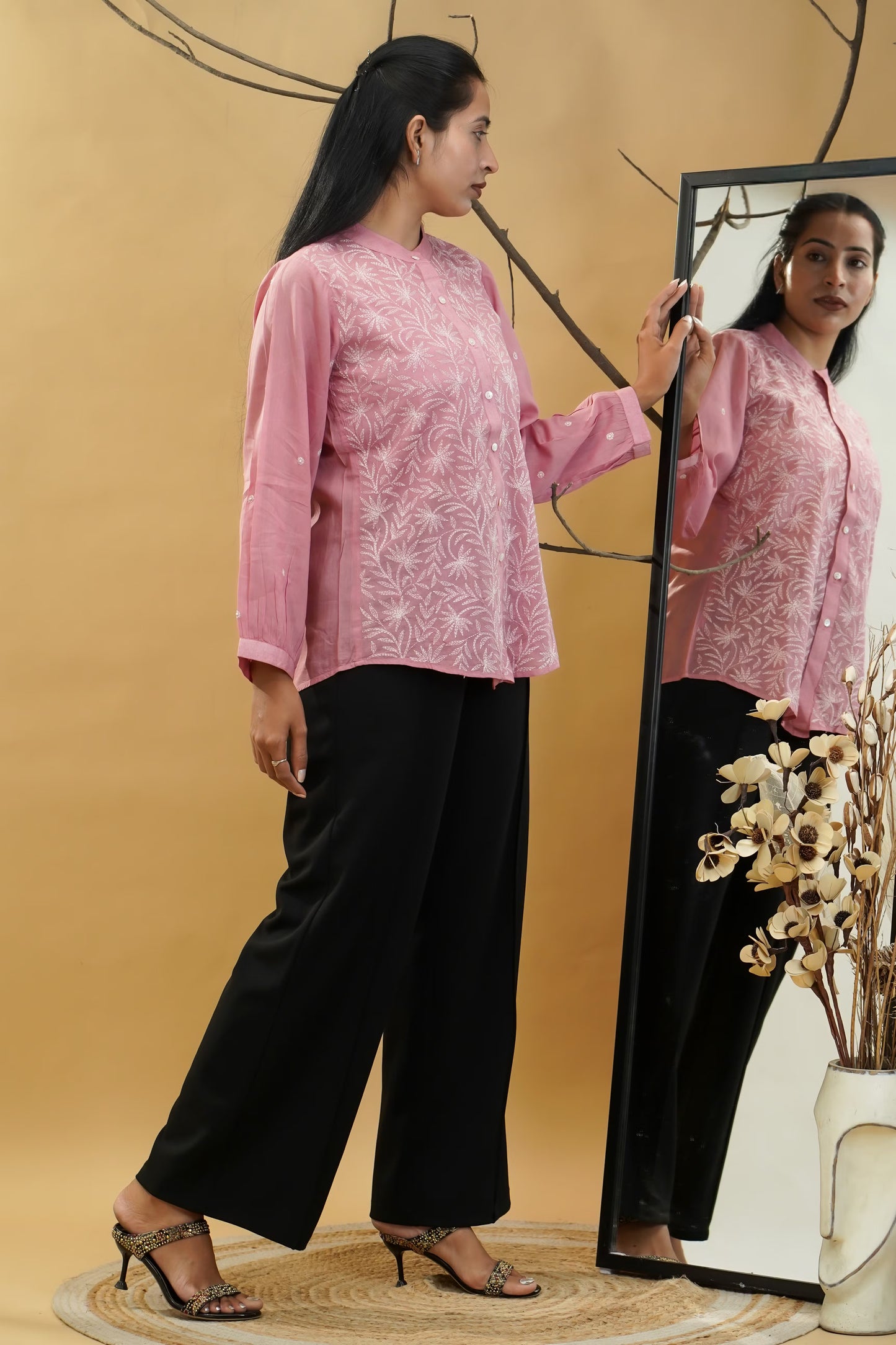 Women Hand Embroidered Chikankari Pink Shirt