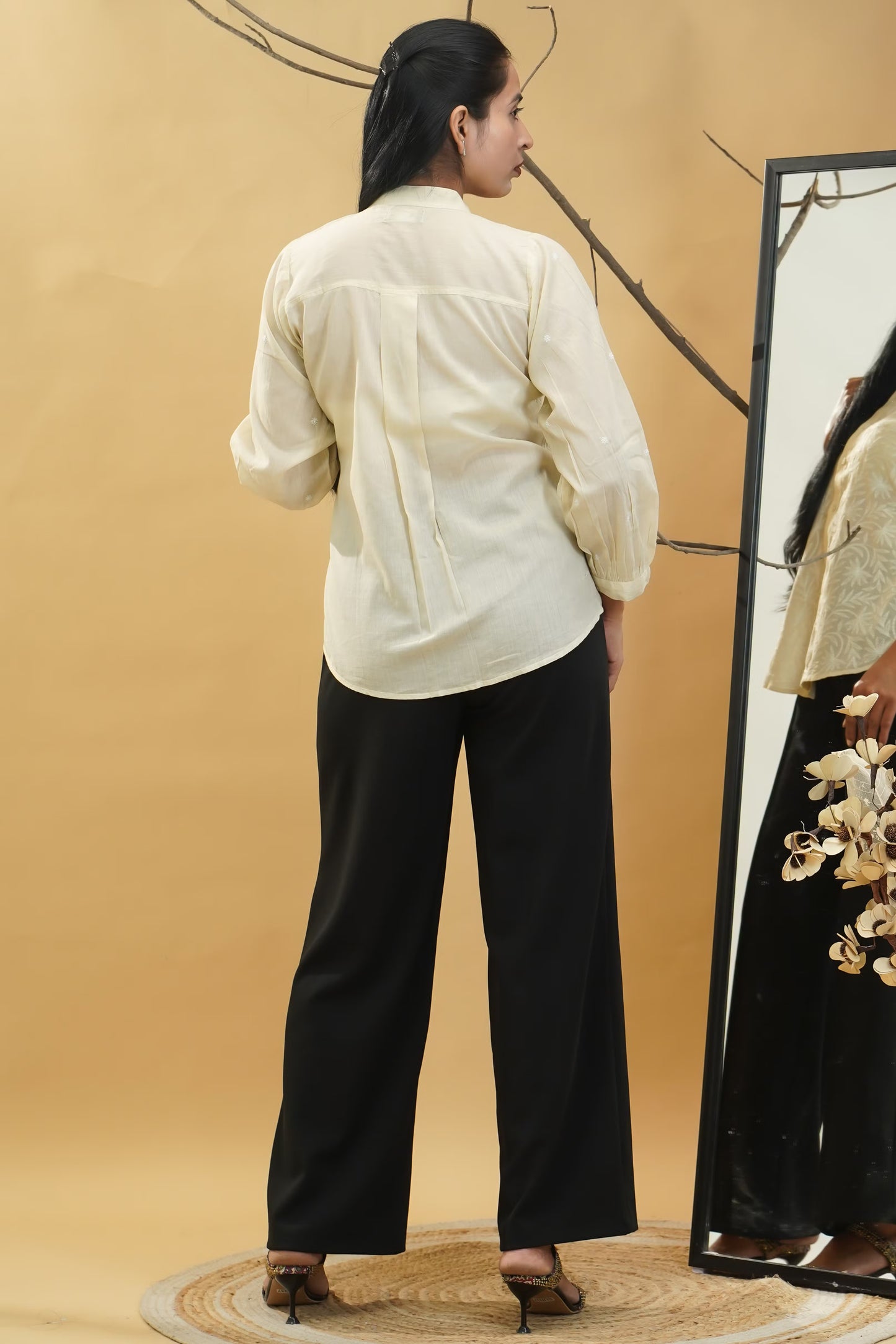 Women Hand Embroidered Chikankari Beige Shirt