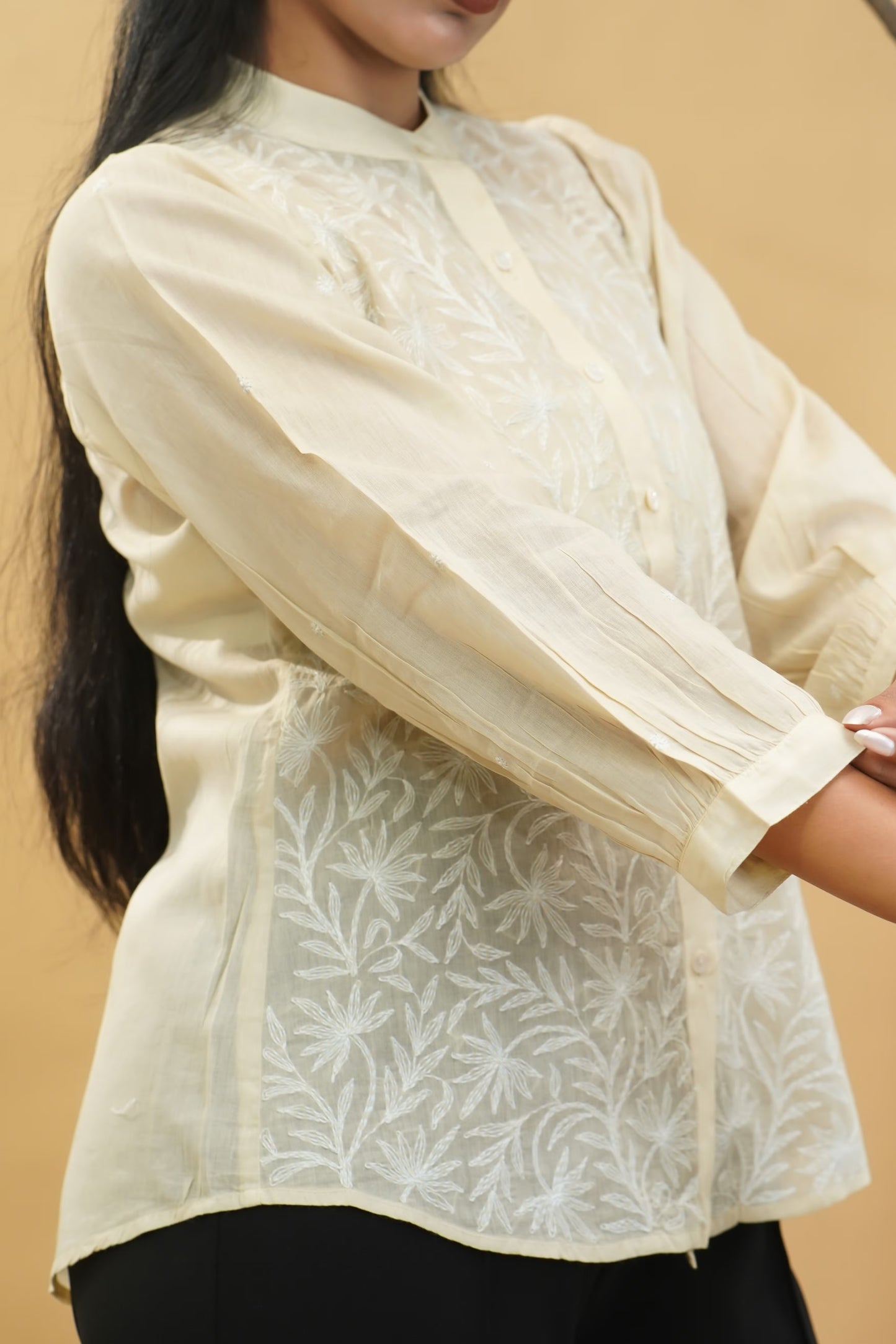 Women Hand Embroidered Chikankari Beige Shirt