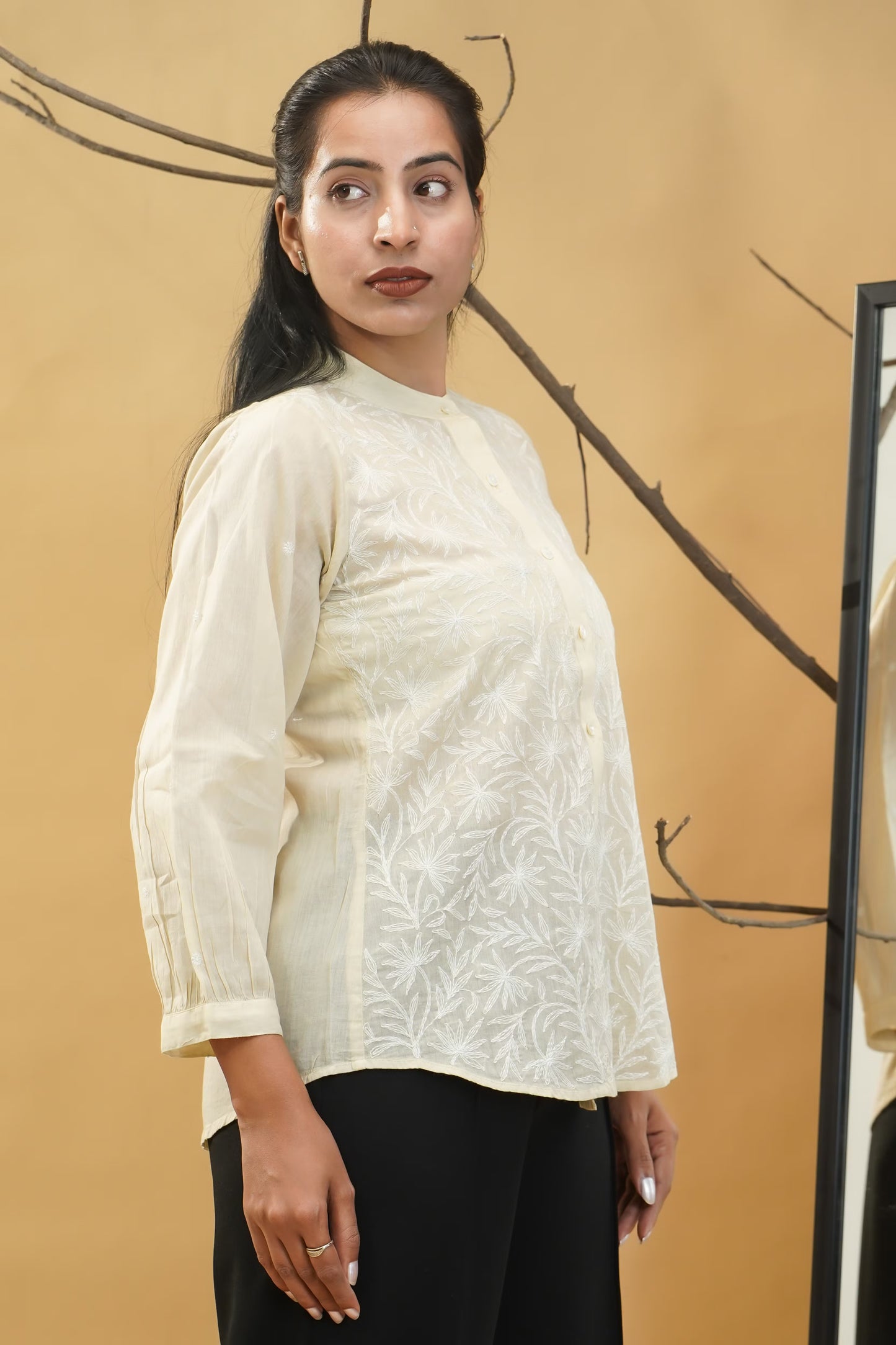 Women Hand Embroidered Chikankari Beige Shirt