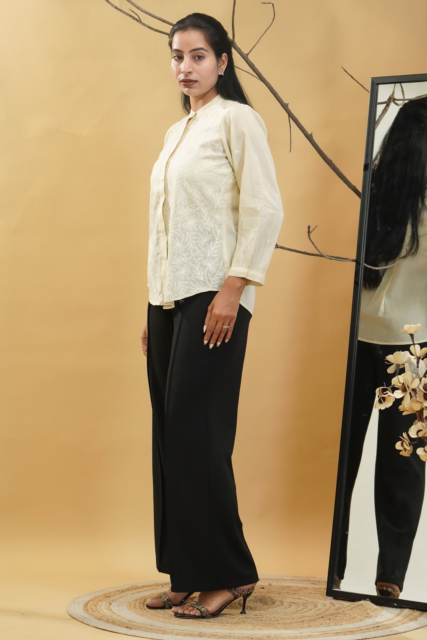 Women Hand Embroidered Chikankari Beige Shirt