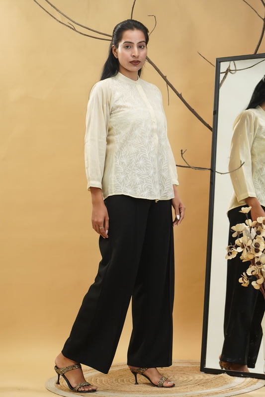 Women Hand Embroidered Chikankari Beige Shirt