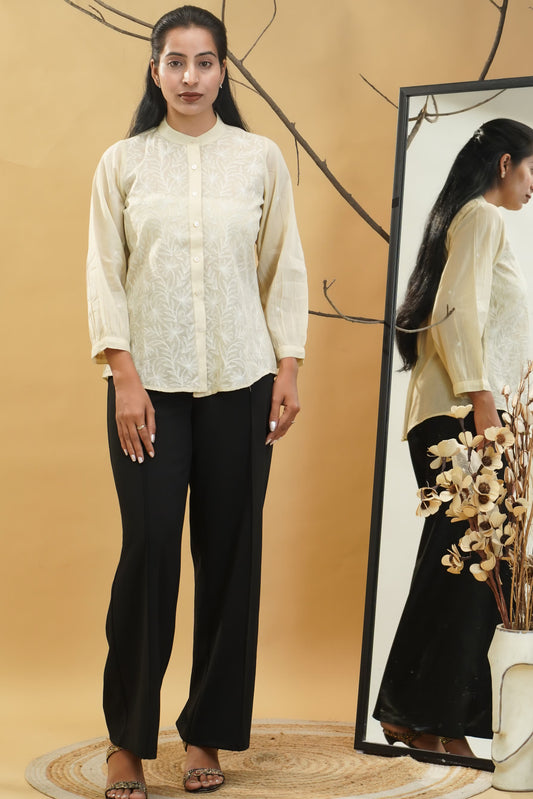 Women Hand Embroidered Chikankari Beige Shirt