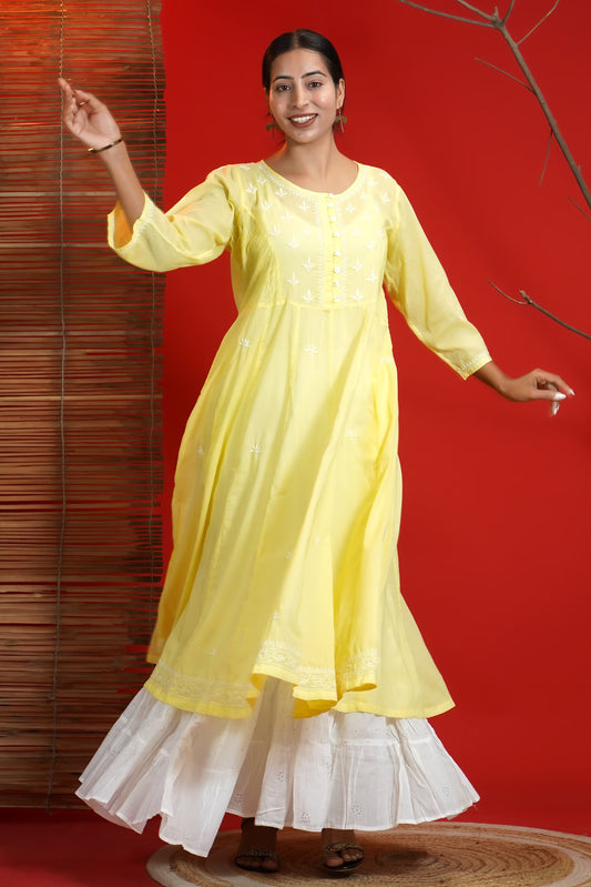 Women Hand Embroidered Chikankari Yellow Pintex Kali Dress
